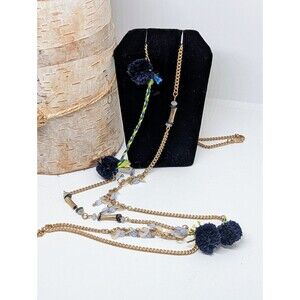 Lee by Lee Angel Navy Pom Pom Bead Braided Layer Necklace